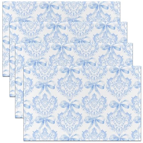Damask Floral Kids Placemats Set of 4,Bow Tie Flowers Baroque Vintage Table Place Mats,Bowknot Geometric Romantic Kitchen Decor,Blue Placemat Kitchen Table Decoration 12"x18" - color: Blue