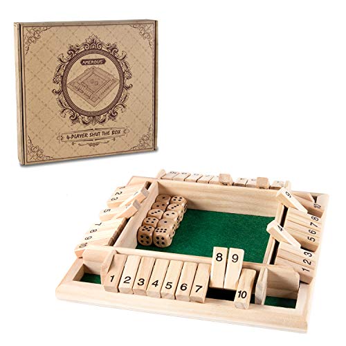 AMEROUS 1-4 Players Shut The Box Dice Game,Classic 4 Sided Wooden Board Game with 10 Dice and Instructions for Kids Adults, Tabletop Version - size: 8.66 inches