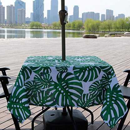 Melaluxe Spring/Summer Wrinkle-Free Waterproof Outdoor Tablecloth with Umbrella Hole and Zipper, Green Leaves, 60 Inch Square - color: Green Leaves, size: 60" x 60" (Square)