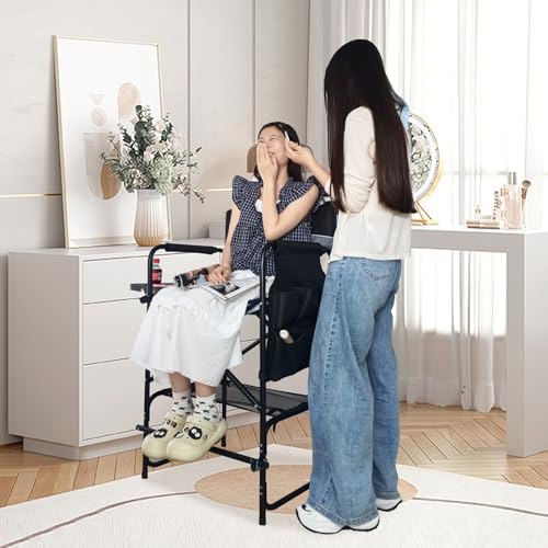 Tall Folding Director Chair 30.7" Seat Height Foldable Bar Stool for Makeup Artist Face Painting with Side Table Carry Bag and Cosmetic Bag Supports 350LBS - color: Grey-padded