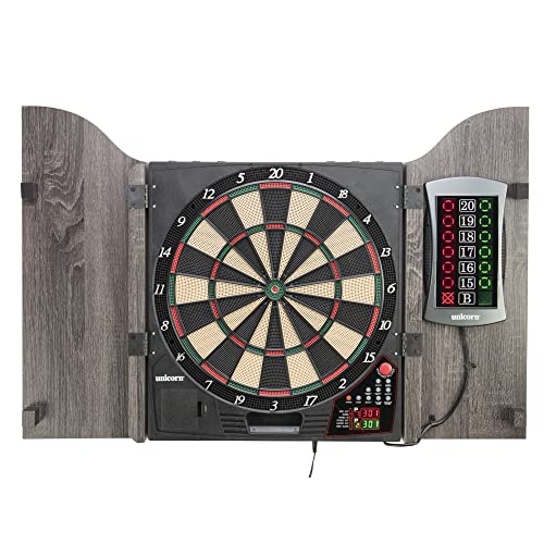 Unicorn Vanquish Dartboard Cabinet Set - Easy-Read Backlit Display - Virtual Opponent Gameplay - 28 Games with 271 Variations - in-Game Sound Effects - Stylish Wooden Cabine
