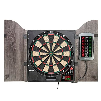 Unicorn Vanquish Dartboard Cabinet Set - Easy-Read Backlit Display - Virtual Opponent Gameplay - 28 Games with 271 Variations - in-Game Sound Effects - Stylish Wooden Cabine