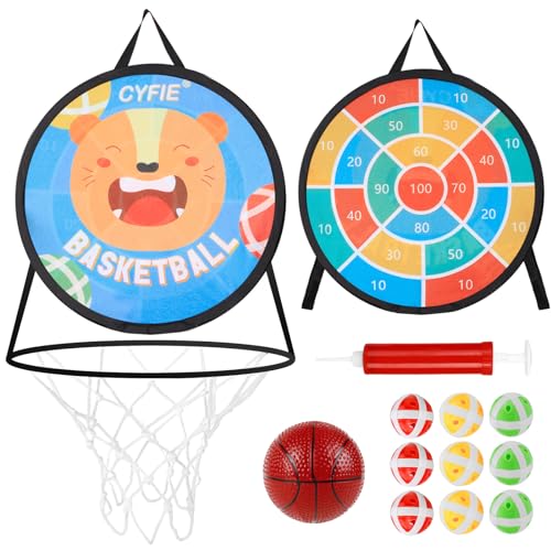 CYFIE 2-in-1 Kids Basketball Hoop & Dart Board for Toddlers,Hanging Sports Toss Game with Soft Sticky Balls, Indoor Outdoor Active Play Toss Toy，Portable Family Toss Game Gift for Boys Girls Ages 3-8