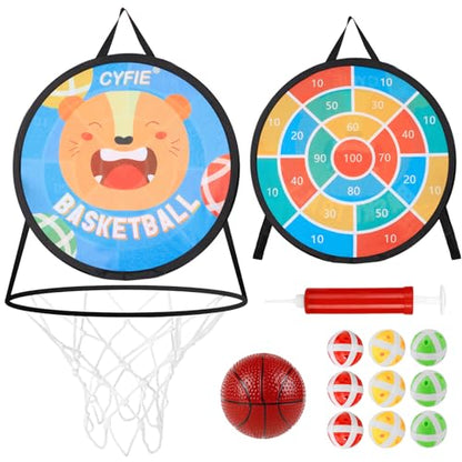 CYFIE 2-in-1 Kids Basketball Hoop & Dart Board for Toddlers,Hanging Sports Toss Game with Soft Sticky Balls, Indoor Outdoor Active Play Toss Toy，Portable Family Toss Game Gift for Boys Girls Ages 3-8