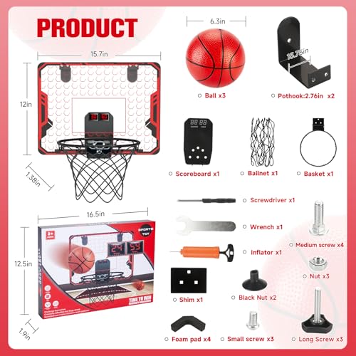 Basketball Hoop Indoor for Kids(4-12 Years Old), Over The Door Basketball Hoop with Scoring, Countdown and Music Accompaniment, Christmas Toys