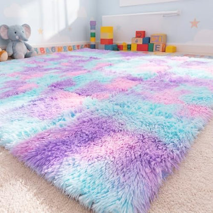 16 Pcs Blue Purple Faux Fur Floor Tiles, 11.8 x 11.8 in Puzzle Girls Play Soft Tiles, 1.5 Inch Shaggy Square, EVA Foam Floor Mat for Nursery, Playroom, Bedroom, Toddler Room, Daycare - color: Blue Purple