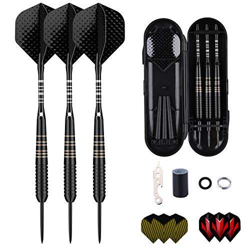 Steel Tip Darts Set for Dartboard, Professional Brass Darts Metal Tip Black Purple Aluminium Nylon Shafts 9 Flights 50 Rubber O-Rings 12 Spring Rings 1 Dart Sharpener Tool 24/27 Grams - color: 23g Black