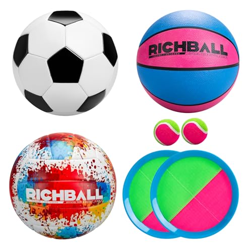 Richball 4-in-1 Outdoor Sports Ball Set for Kids – Soccer, Basketball, Volleyball and Toss & Catch Paddle Ball Game – All-in-One Gift Stocking Stuffers for Kids Boys & Girls Ages 3+ - color: pink