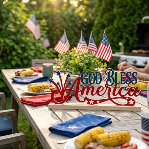 God Bless America Patriotic Decorations Metal Table Sign 4th of July Table Decor Independence Day Tabletop Centerpiece Memorial Day Farmhouse Tiered Tray Decor for Home Mantel Office - style: God Bless America