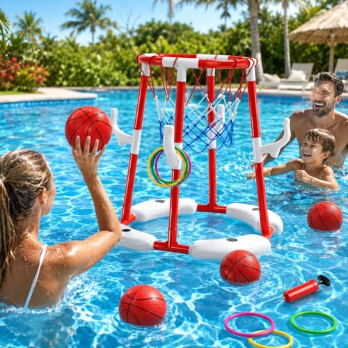 Pool Basketball Hoop Toys for Kids Ages 4-8 8-12 & Adult, Summer Outdoor Swimming Pool Games Water Play Toys Family Party for Kids, 2 in1 Pool Basketball Hoop & Ring Game with 4 Balls 12 Rings & Pump - style: 2-in-1 Pool Basketball Hoop（Red）