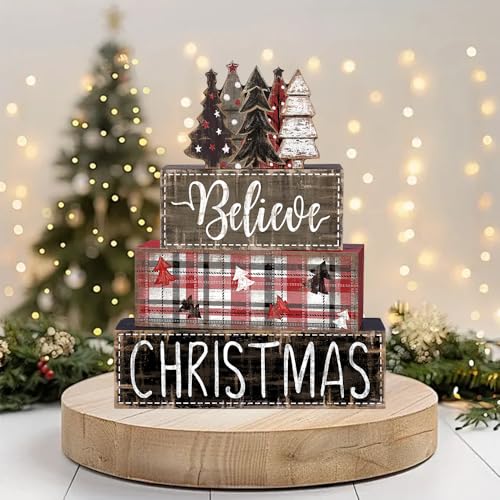 DIYDEC 4Pcs Christmas Table Decoration Christmas Tree Wooden Block Sign Xmas Tiered Tray Decor Winter Centerpiece Decorative Sign for Holiday Tabletop Coffee Fireplace Shelf Desk Party Decor - style: Black Tree