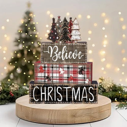 DIYDEC 4Pcs Christmas Table Decoration Christmas Tree Wooden Block Sign Xmas Tiered Tray Decor Winter Centerpiece Decorative Sign for Holiday Tabletop Coffee Fireplace Shelf Desk Party Decor - style: Black Tree