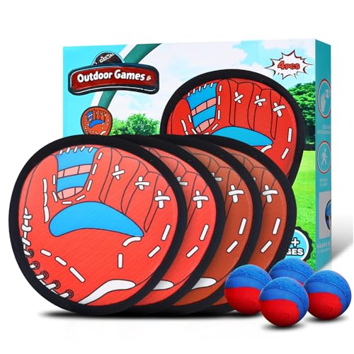 Toss and Catch Ball Game Set for Kids Ages 3-12, 4 Paddles & 4 Sticky Balls, Outdoor Baseball Training Toy for Backyard, Beach, Pool, Birthday Gift for Boys Girls