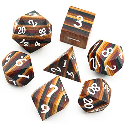 DND Dice Set 7PCS Wood Polyhedral Dice Set D&D with Metal Box for RPG Role Playing Tabletop Games (Yellow Striped) - color: Yellow Striped