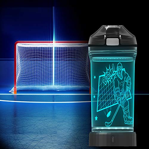 Lightzz Kids Water Bottle with 3D Glowing Hockey LED Light - 14 OZ Tritan BPA Free - Creative Ideal Travel Cup Gift for School Kid Boy Child Holiday Camping