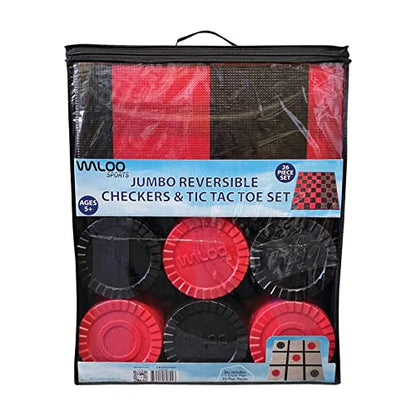 Waloo Sports Jumbo Reversible Checkers & Tic Tac Toe Play Set - Indoor or Outdoor 2 in 1 Jumbo Game with Carrying/Storage Bag