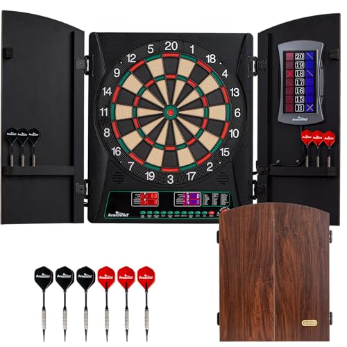 Arachnid CricketMaxx 1.0: 13.5” recreation size with wood cabinet. Features 34 games, 183 variations, 8-player LED X/O scoring, and Heckler mode. Integrated storage for darts and accessories