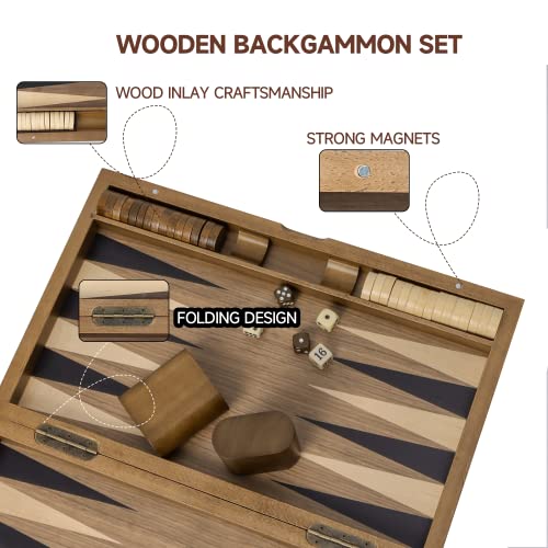 GSE Games & Sports Expert Premium Wooden Folding Inlay Backgammon Board Set, Classic Traditional Strategy Board Games (Double Stripe- 17 Inches) - color: Wood-double Stripe, size: Medium