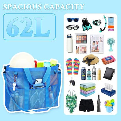 GYEUKHAM Mesh Beach Bag for Women, Sand-Resistant Pool Tote, 9 Pockets (1 Inner Zip), Foldable Family Travel Essentials - color: Extra Large - Blue