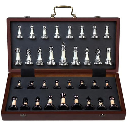 Deluxe Chess Set 16.5'' Wooden Large Folding Chess Board Game with Handle, Weighted Acrylic Chess Pieces - 3.5" King with Storage Slots for Beginners, Professional Players