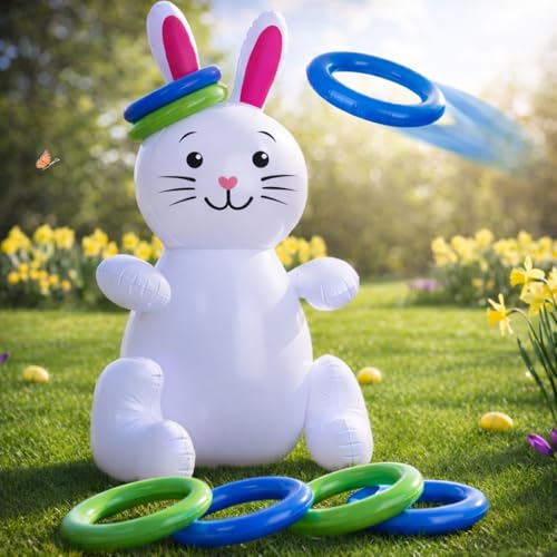 ArtCreativity 30" Easter Bunny Inflatable Ring Toss Game for Kids and Adults, 6 Rings, Weighted Bottom, Family Outdoor Party, White