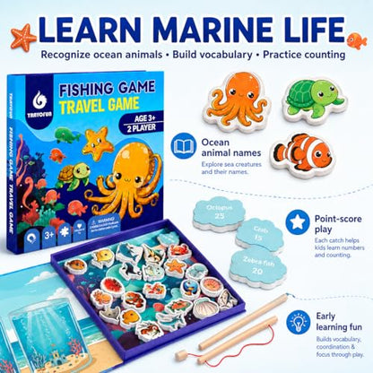 TRAVOFUN Magnetic Fishing Game Book for Kids Ages 3-8, Travel Toys for Toddlers 3-5, Road Trip and Airplane Activities, Quiet Portable Car Ride Toy with 2 Poles and 27 Ocean Fish - color: Fishing Game