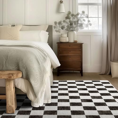EVERGRACE Checkered Plaid Area Rug 6x9, Soft Faux Wool Rugs Washable Anti Slip Rugs Large Rug Carpet for Entryway Bedroom Living Room Hallway Kitchen and Laundry Room, Black and White - color: Black, size: 6' x 9' (Rectangular)