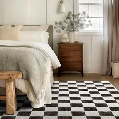 EVERGRACE Checkered Plaid Area Rug 6x9, Soft Faux Wool Rugs Washable Anti Slip Rugs Large Rug Carpet for Entryway Bedroom Living Room Hallway Kitchen and Laundry Room, Black and White - color: Black, size: 6' x 9' (Rectangular)