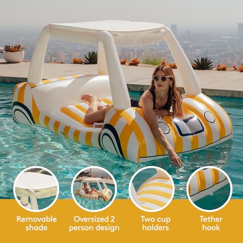 FUNBOY Giant Inflatable Luxury Golf Cart Pool Float, Two Cup Holders, Removable Fringe Shade, Float for Summer Pool Party and Entertainment - color: Yellow, White