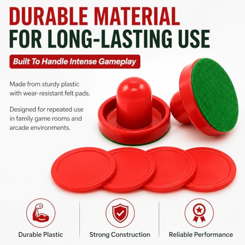 2 Sets Air Hockey Pusher and Puck Replacement Parts 60mm Red Striker Handles with Felt Pads and 51mm Red Round Pucks Air Hockey Table Accessories Plastic Mallet Goal Shooter Kit for Game Tables