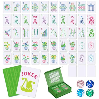 Soulchen 168 Pcs Mahjong Playing Cards American Style Blossom Numbered Large Print PVC Poker Mahjong Tiles with 4 Dices 2 Storage Box for Travel Home, Portable Gift(Houseplant Theme,Green) - color: Green, style: Houseplant