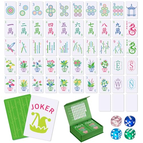 Soulchen 168 Pcs Mahjong Playing Cards American Style Blossom Numbered Large Print PVC Poker Mahjong Tiles with 4 Dices 2 Storage Box for Travel Home, Portable Gift(Houseplant Theme,Green) - color: Green, style: Houseplant