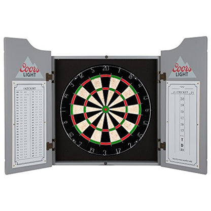 Dart Board Cabinet Set - Coors Light Logo Dart Board with 6 Steel Tip Darts, Scoreboard, Hanging Wood Cupboard by Trademark Gameroom