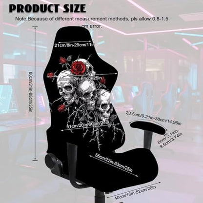 Skull Rose Printed 4 Pieces Gaming Chair Slip Cover Set Dust-Proof Elastic Game Chair Cover with Armrest Covers, Universal Fit, Machine Washable, Home Decor - color: Black and Grey - Skull Rose