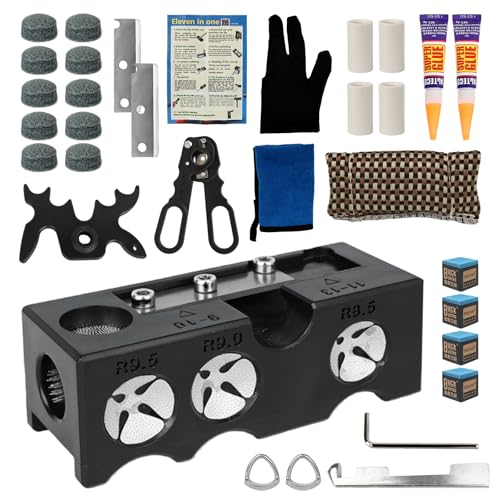 Pool Cue Tip Replacement Kit, 11-in-1 Pool Cue Tip Repair and Shaping Kit, Pool Cue Tip Repair Tool Include 10 Cue Tips, 4 Ferrules, 4 Chalks, Portable Pool Stick Tip Repair Kit