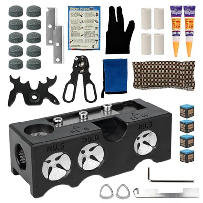 Pool Cue Tip Replacement Kit, 11-in-1 Pool Cue Tip Repair and Shaping Kit, Pool Cue Tip Repair Tool Include 10 Cue Tips, 4 Ferrules, 4 Chalks, Portable Pool Stick Tip Repair Kit