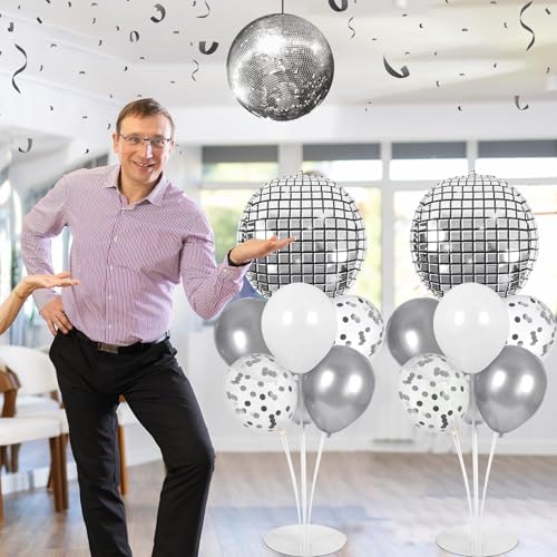 Disco Ball Party Balloons Stand Kit 2 Sets with 2 Silver 4D Discoball Foil Balloon Disco Ball Centerpiece for Tables 70s 80s 90s Dance Themed Birthday Graduation Decorations 2026 Prom Party Supplies - style: Silver Disco