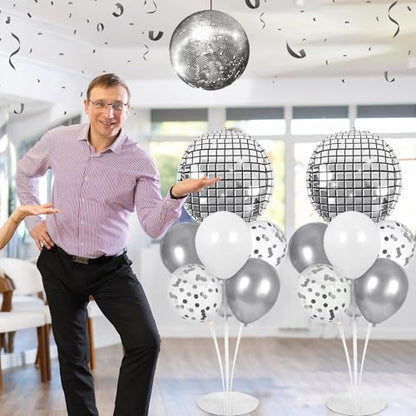 Disco Ball Party Balloons Stand Kit 2 Sets with 2 Silver 4D Discoball Foil Balloon Disco Ball Centerpiece for Tables 70s 80s 90s Dance Themed Birthday Graduation Decorations 2026 Prom Party Supplies - style: Silver Disco