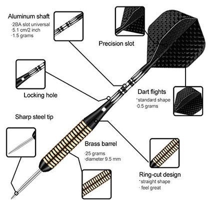 Steel Tip Darts Set for Dartboard, Professional Brass Darts Metal Tip Black Purple Aluminium Nylon Shafts 9 Flights 50 Rubber O-Rings 12 Spring Rings 1 Dart Sharpener Tool 24/27 Grams - color: 27g Black
