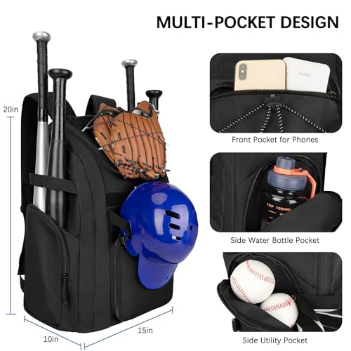 Goloni Baseball Bag, 60L Capacity Softball bag Holds 4 Bats for Youth & Adult, Baseball Bat Backpack with Shoes Compartment,Helmet Holder,Fence for Hook T-Ball, Softball Equipment, Baseball Gear - color: Black