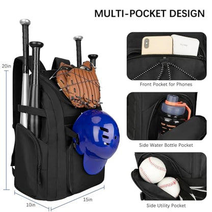 Goloni Baseball Bag, 60L Capacity Softball bag Holds 4 Bats for Youth & Adult, Baseball Bat Backpack with Shoes Compartment,Helmet Holder,Fence for Hook T-Ball, Softball Equipment, Baseball Gear - color: Black