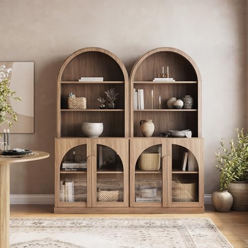 BELLEZE Arched Bookshelf with Glass Doors Set of 2, 71" Tall Wood Display Cabinet with Adjustable Shelf and Hutch, 5 Tier Modern Bookcase Shelf with Storage for Living Room Office, Camel - color: Bijou Camel D, size: 2