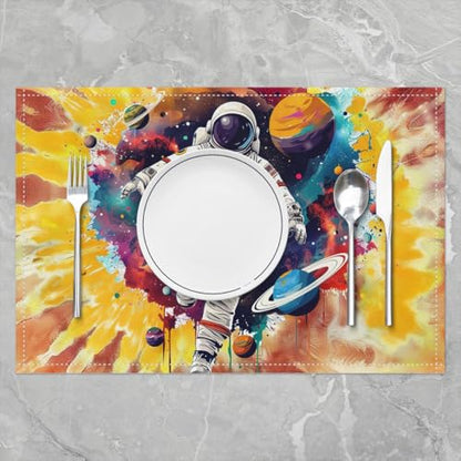 Cartoon Astronaut Place Mats 12x18 Inch Set of 4 Yellow Red Tie Dye Spiral Swirls Table Mats for Kids Boys Teens Adults Cosmic Outerspace Galaxy Colorful Planets Kitchen Mats for Dining Table - color: Yellow Red Blue Gray