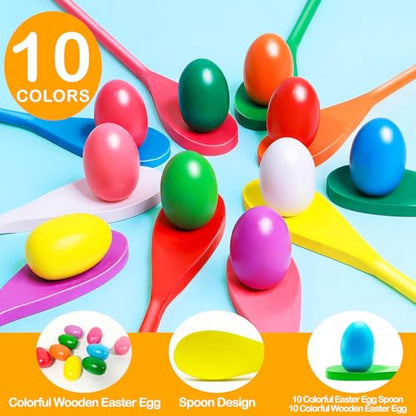 TOPLEE 20 Pcs Easter Egg and Spoon Race Game Set, 10 Players Balance Relay Easter Games Include 10 Eggs and Wooden Spoons for Kids Family Carnival Sports Outdoor Games Holiday Birthday Party Supplies