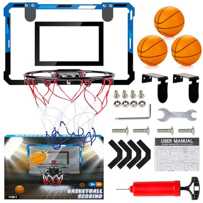 Basketball Mini Hoop Indoor Boys Gifts for Kids Adults, Door Room Mini Hoop with Balls, Basketball Accessories for Teen Boy Gifts, Blue - style: Blue Basketball Hoop Set