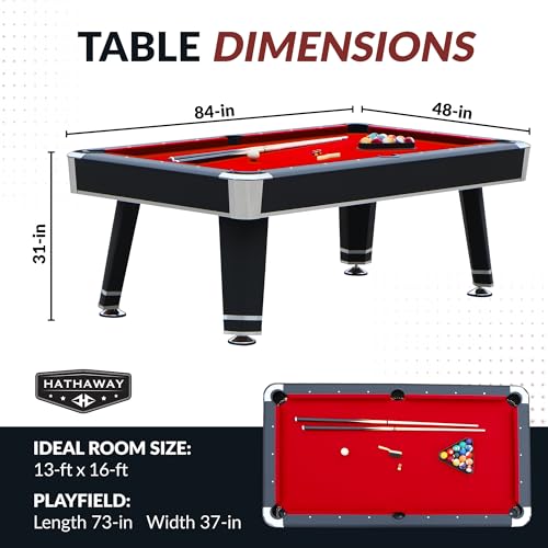 Hathaway Jupiter 7 Ft Heavy Duty Pool Table – Includes Cue Sticks, Billiard Balls, Brush – Modern Look for Family Billiards Games Room – Red Felt with Black Finish