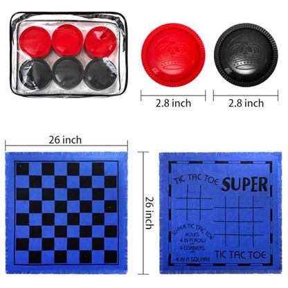 Yarlung Giant Checkers Set Tic Tac Toe Game, 3 in 1 Jumbo Checkers Game Board for Family Camping, Yard, Lawn Games, 2 Players, Blue Reversible Rug