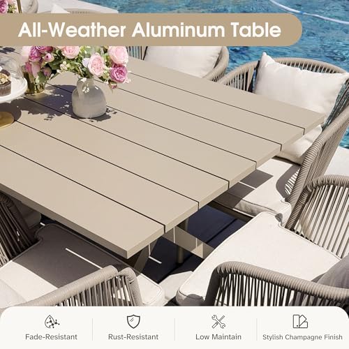 PURPLE LEAF 9 Pieces Outdoor Metal Furniture Set Patio Conversation Sets Dining Set, 1 Square Dining Table and 8 Modern Chairs with Cushions Seat Champagne - color: Champagne, size: 9 Pcs, style: Square