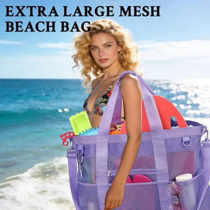 GYEUKHAM Mesh Beach Bag for Women, Sand-Resistant Pool Tote, 9 Pockets (1 Inner Zip), Foldable Family Travel Essentials - color: Extra Large - Purple
