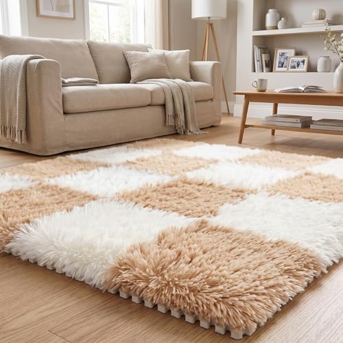 16 Pcs Beige Camel Faux Fur Floor Tiles, 11.8 x 11.8 in Puzzle Girls Play Soft Tiles, 1.5 Inch Shaggy Square, EVA Foam Floor Mat for Nursery, Playroom, Bedroom, Toddler Room, Daycare - color: Beige Camel